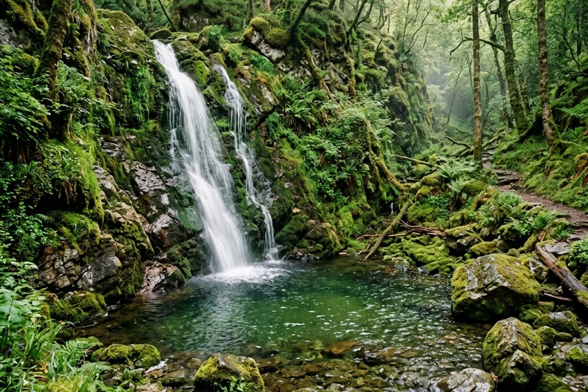 Hidden waterfall glen in remote Scottish Highlands