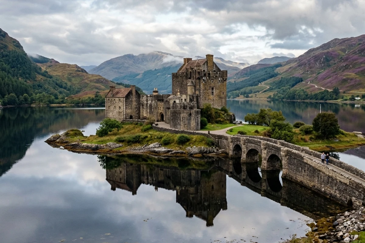 Ancient Scottish castle ruins overlooking tidal loch