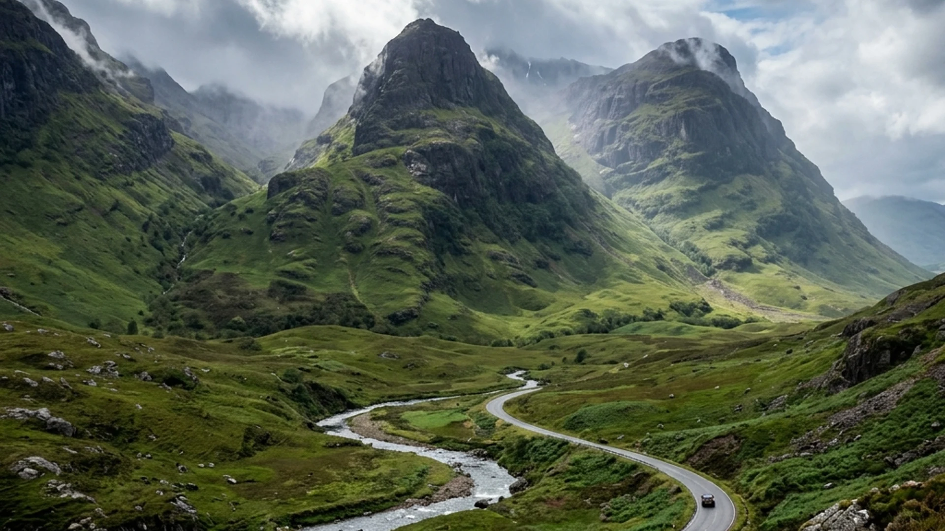 Majestic Scottish Highlands landscape with mountains and glen mist