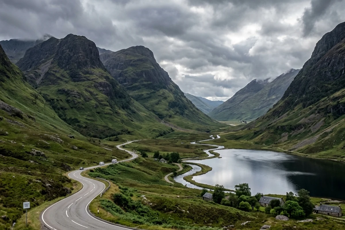 Panoramic scenic view of Glen Coe in Scottish Highlands