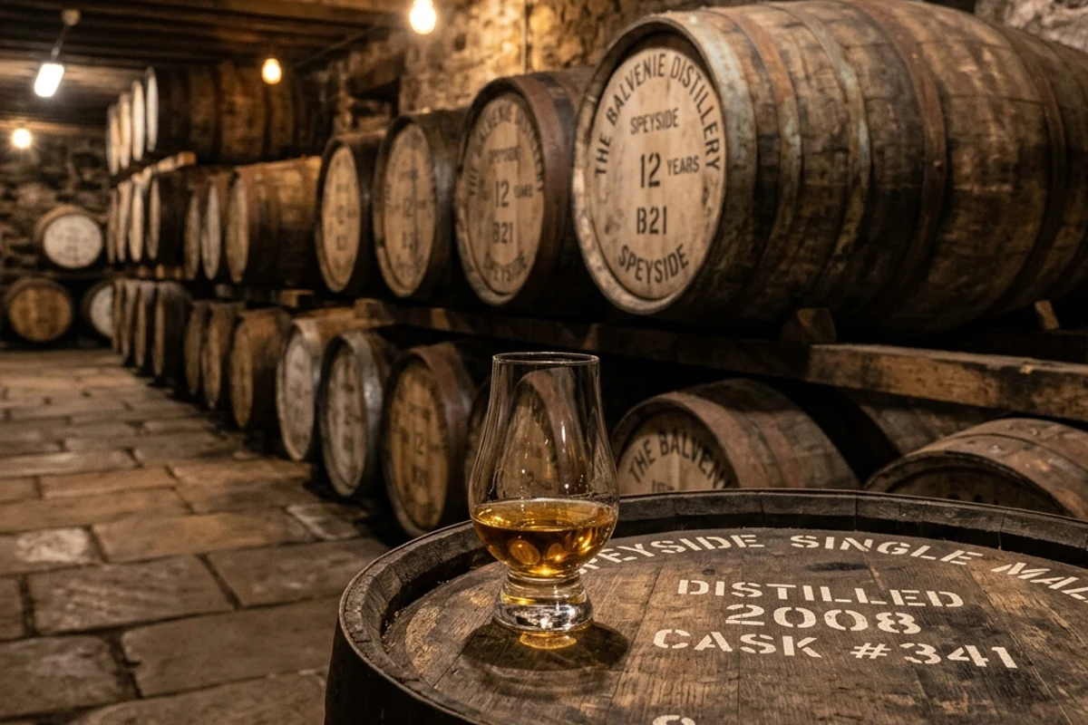 Scottish single malt whisky cask and glass in distillery