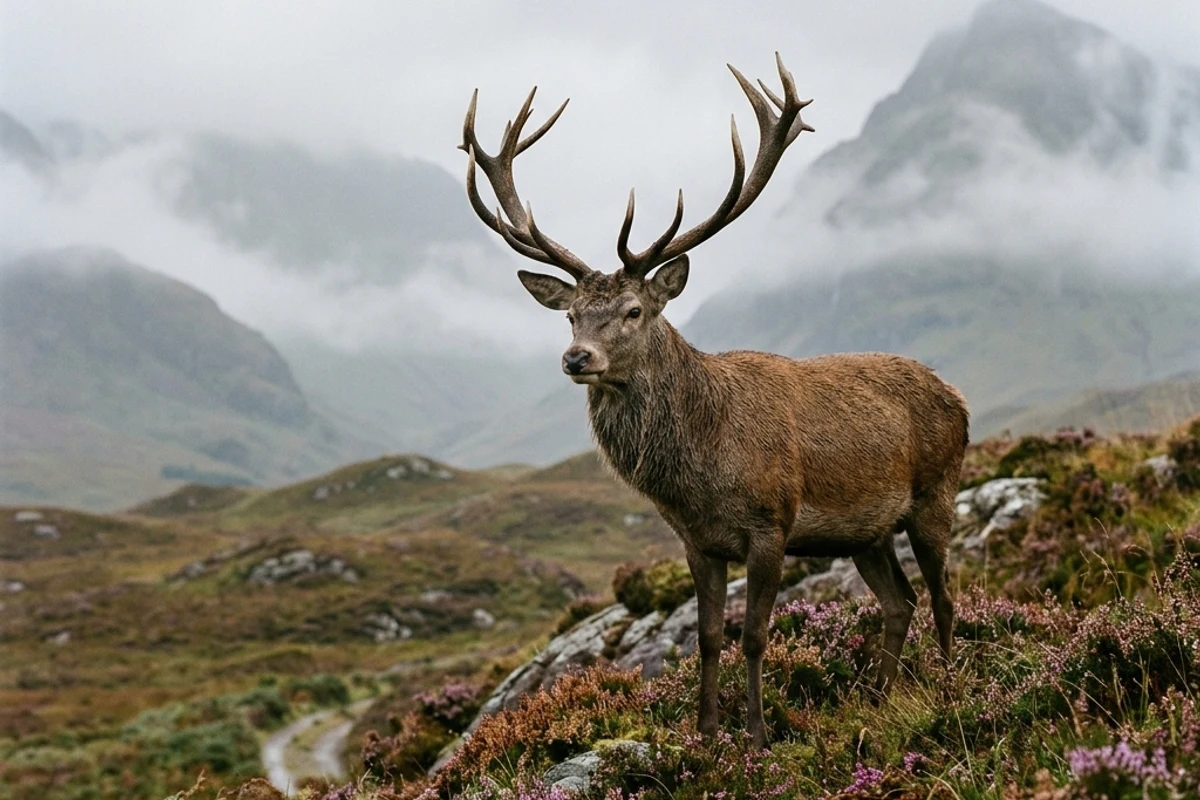Red deer stag standing in misty Scottish glen heather